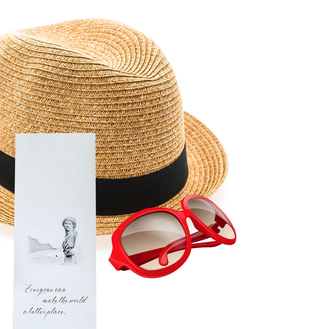 image of a summer hat with red rimmed sunglasses below